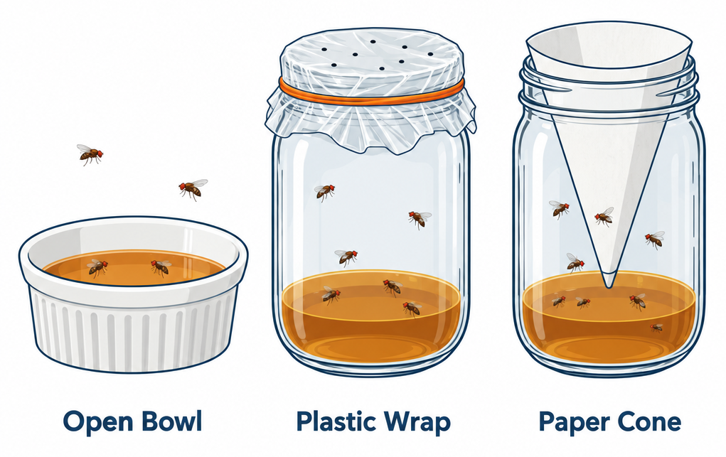 Three fruit fly trap cover styles compared: open bowl, plastic wrap, and paper cone
