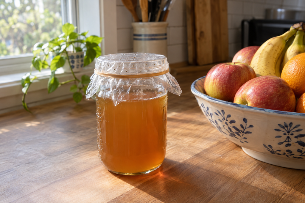 Small glass jar fruit fly trap with apple cider vinegar on a kitchen counter next to a bowl of fruit