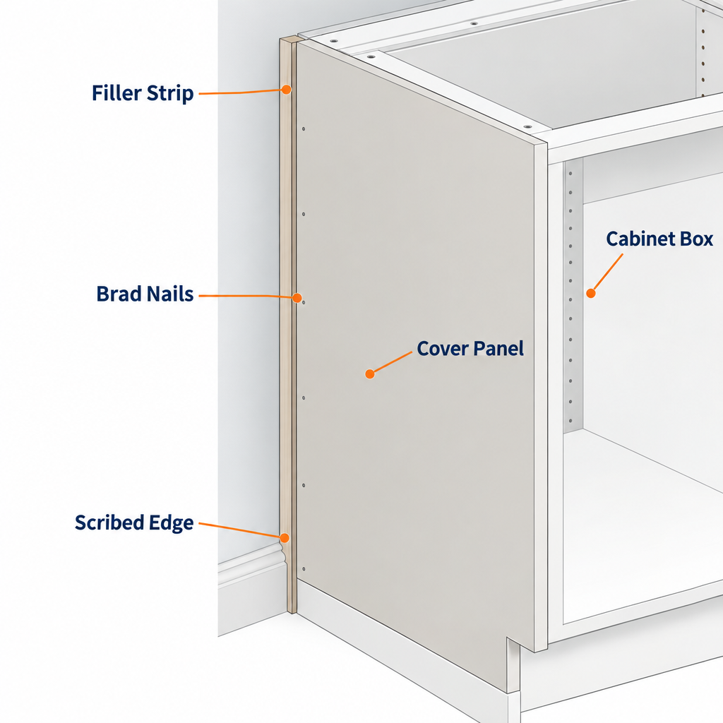 Labelled diagram showing cover panel, scribed filler strip, face frame edge, wall gap, and brad nail placement on IKEA cabinet end