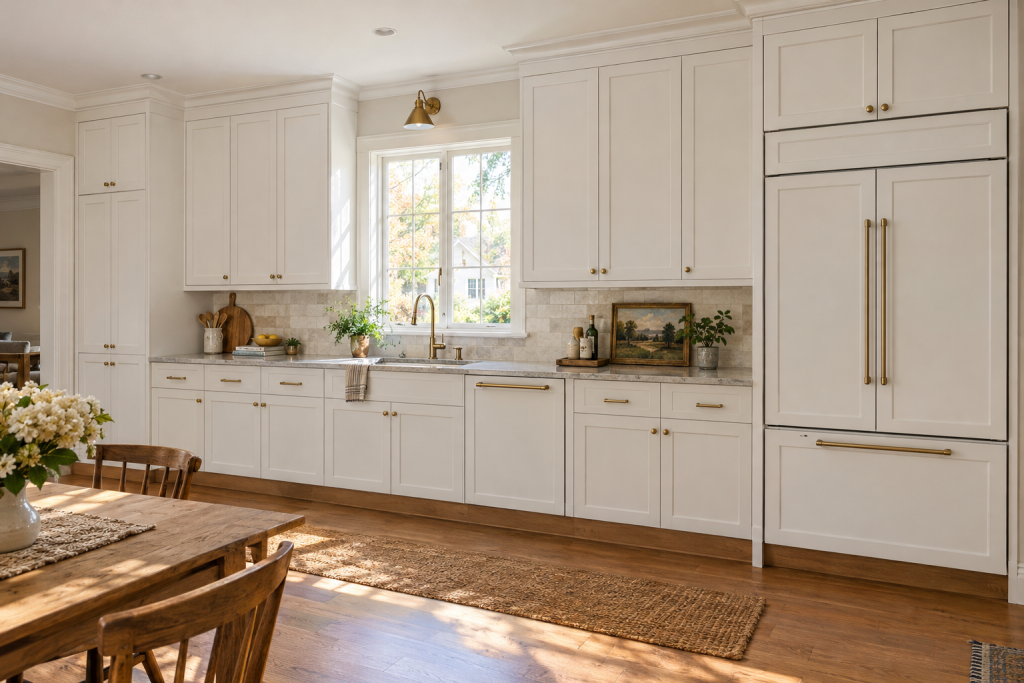IKEA SEKTION kitchen cabinets made to look fully custom with crown molding, integrated panels, and shaker fronts in a bright white kitchen