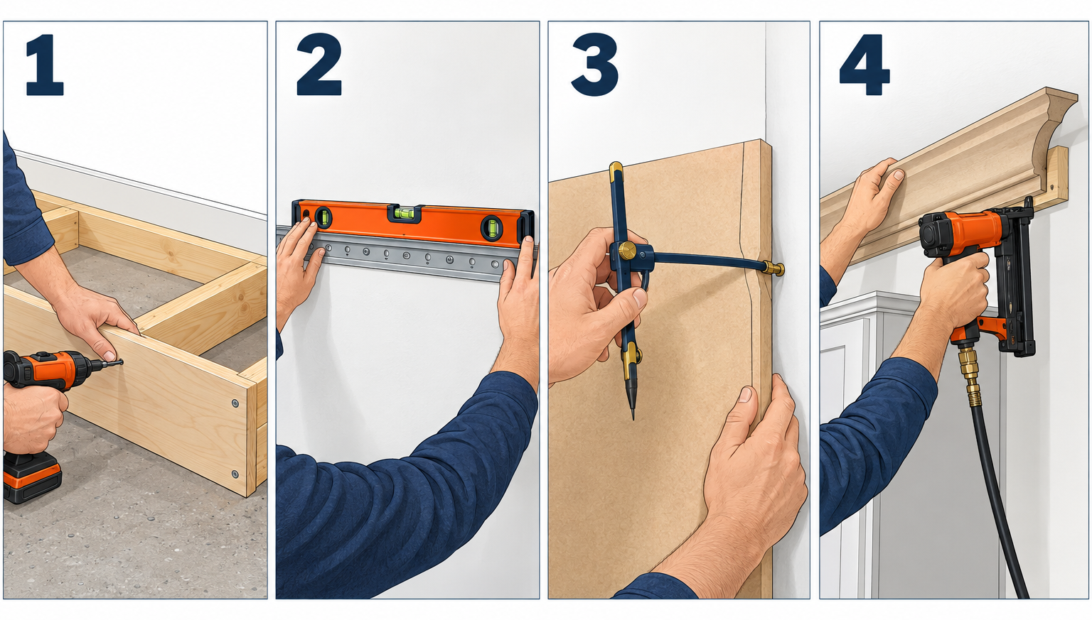 Making IKEA cabinets look custom in four key steps: building the toe kick base, hanging the level rail, scribing end panels, and nailing crown molding