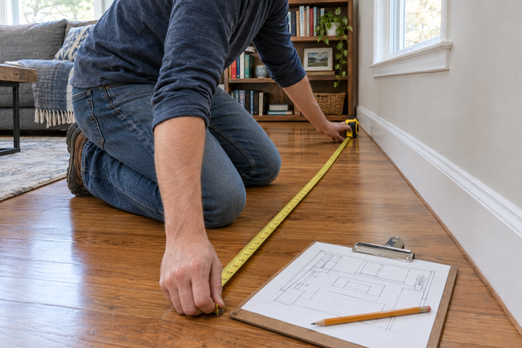 Homeowner measuring a living room floor with a tape measure and a hand-drawn sketch on a clipboard