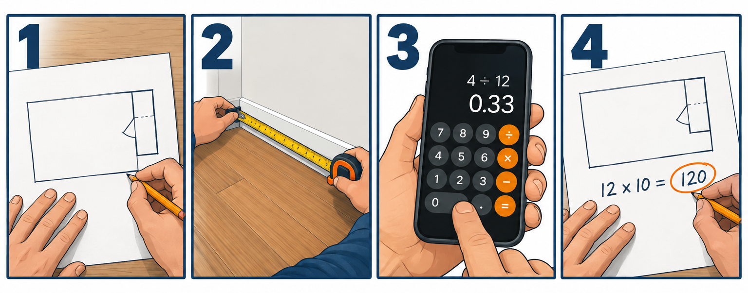 Measuring room square footage in four steps: sketch, measure, convert inches, multiply