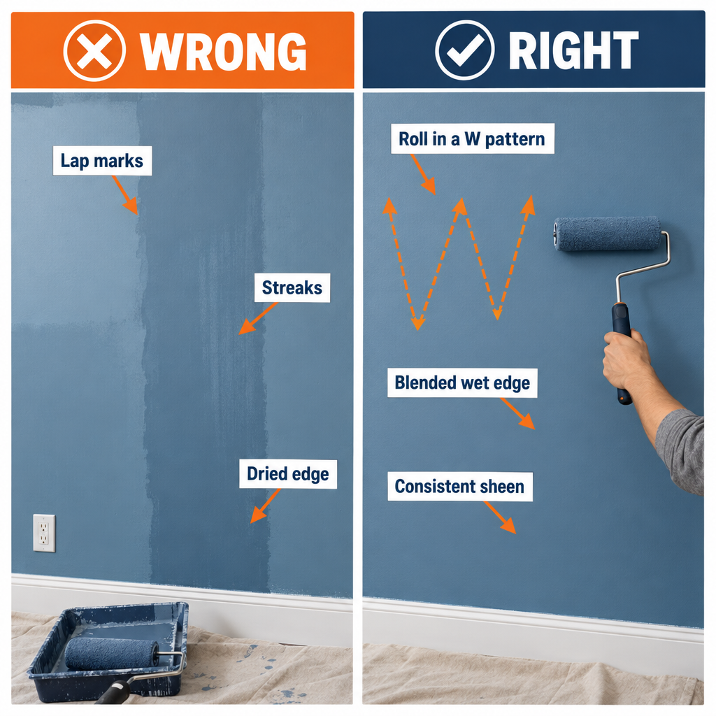 Right vs wrong interior paint roller technique showing lap marks and proper wet-edge method