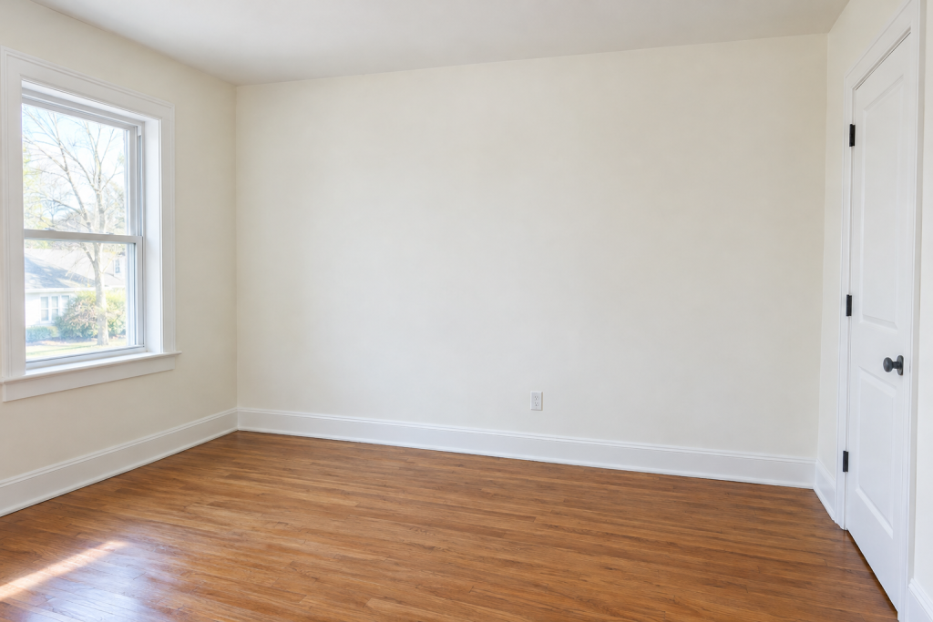 Freshly painted bright white interior bedroom wall with clean trim and natural light