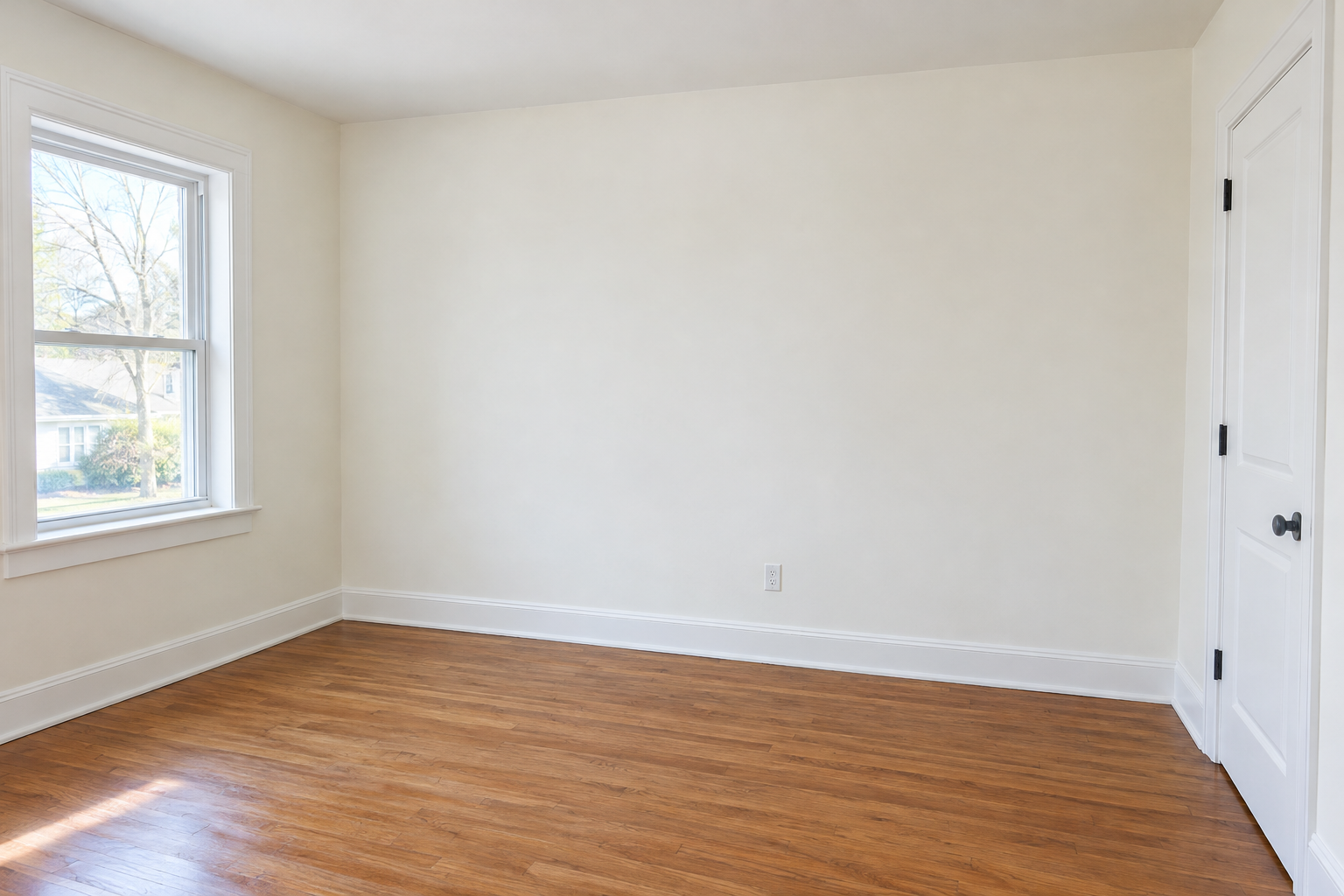 Freshly painted bright white interior bedroom wall with clean trim and natural light