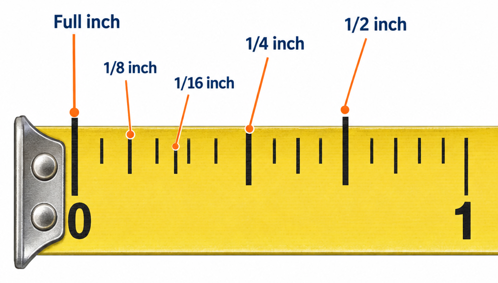 Tape measure fractional line heights labelled from full inch to one-sixteenth inch