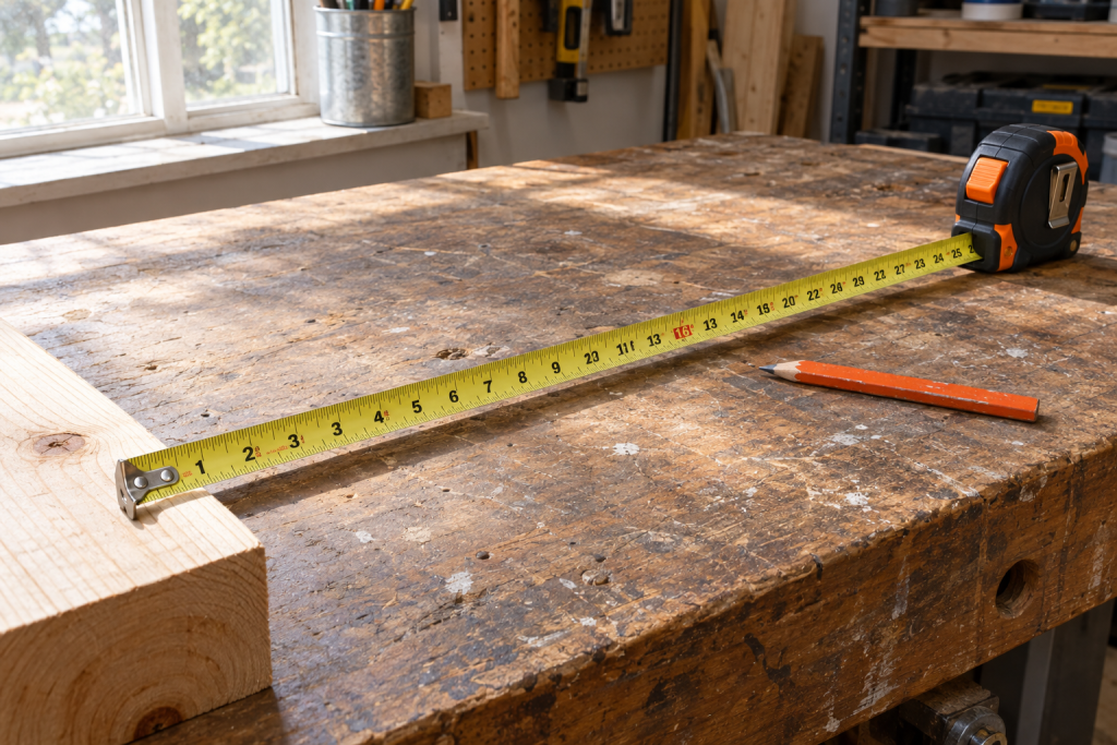 A steel tape measure unrolled across a wooden workbench in a bright home workshop