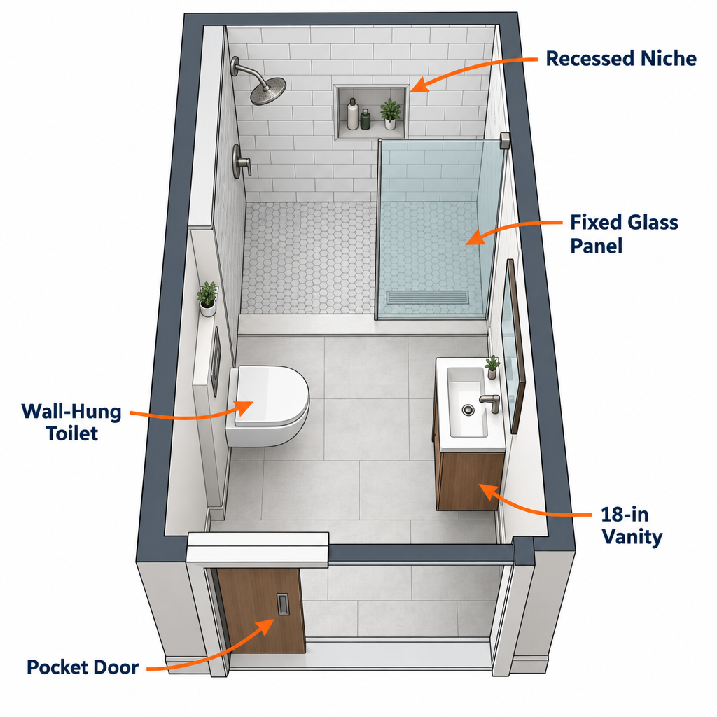 Space-saving small bathroom fixtures labelled: pocket door, wall-hung toilet, 18-inch vanity, fixed glass panel, and recessed niche