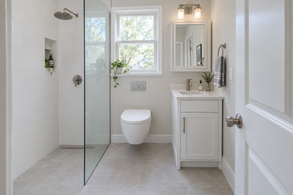Remodeled small 5-by-8 bathroom with curbless shower, wall-hung toilet, and compact vanity in a bright white interior