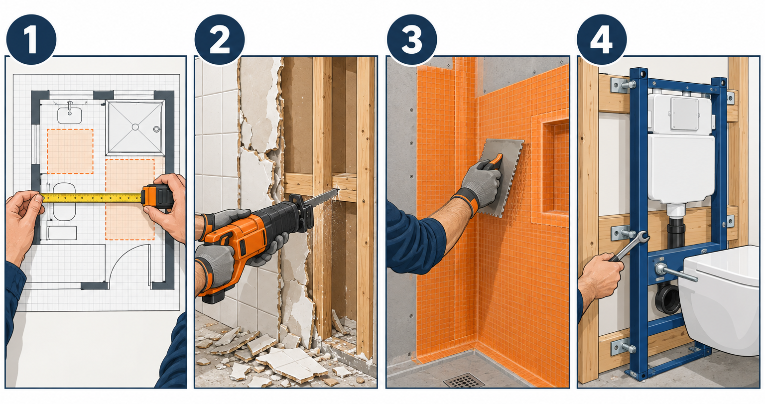 Small bathroom remodel in four key steps: measuring clearances, demolition to studs, waterproofing the shower, and setting fixtures