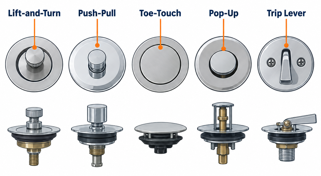 Five bathtub stopper types labelled: lift-and-turn, push-pull, toe-touch, pop-up, and trip lever