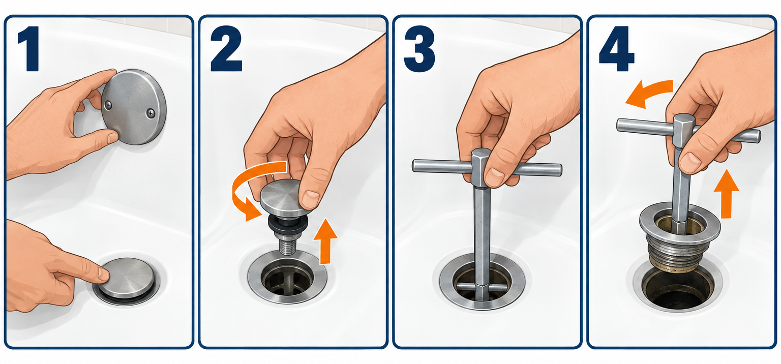 Removing a bathtub drain in four steps: identify stopper type, remove stopper, insert drain wrench, and unscrew flange counterclockwise