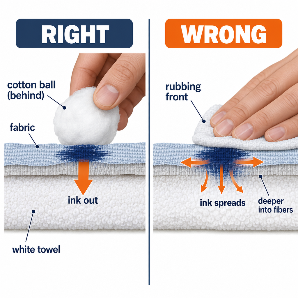 Ink stain removal right vs wrong: blotting from the back versus rubbing the front of fabric
