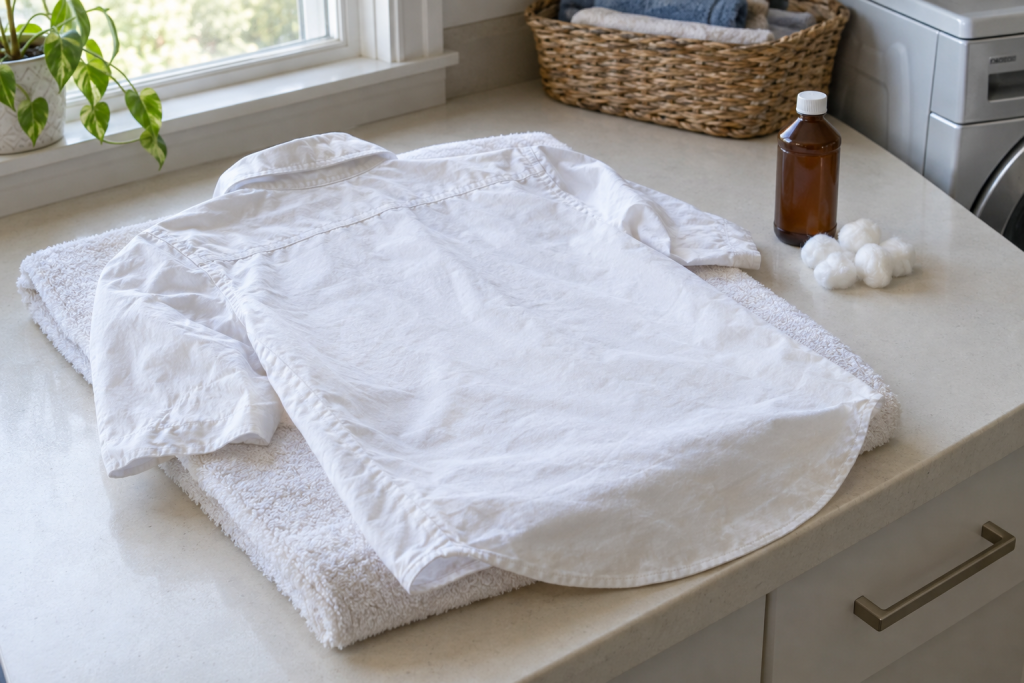 Removing a ballpoint ink stain from a white cotton shirt using rubbing alcohol and a folded white towel on a laundry room counter