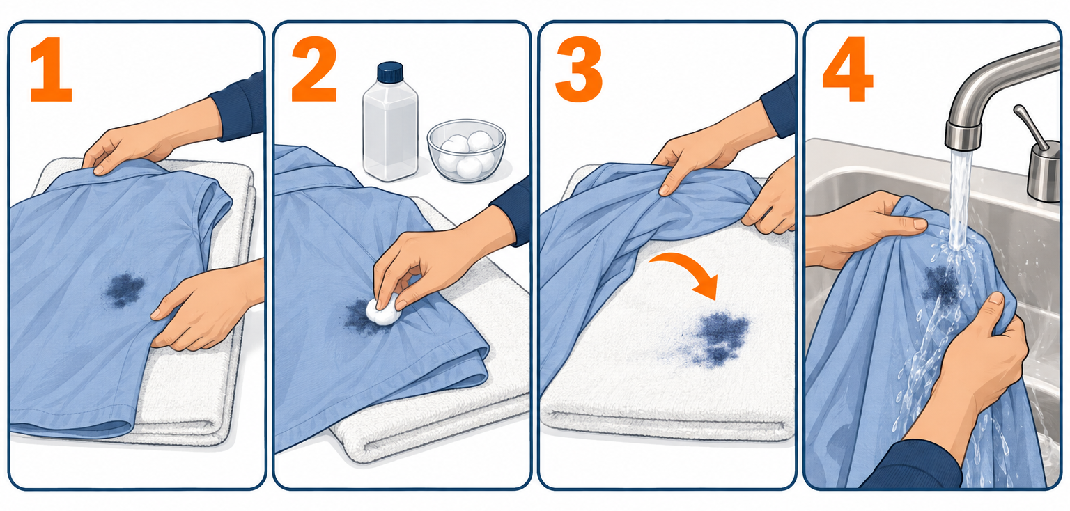 How to remove an ink stain with rubbing alcohol in four steps: lay stain face-down, dab alcohol from back, blot and move to clean towel section, rinse under cold water