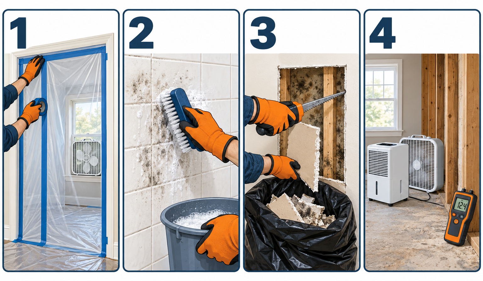 DIY mold removal in four steps: contain, scrub, tear out, and dry