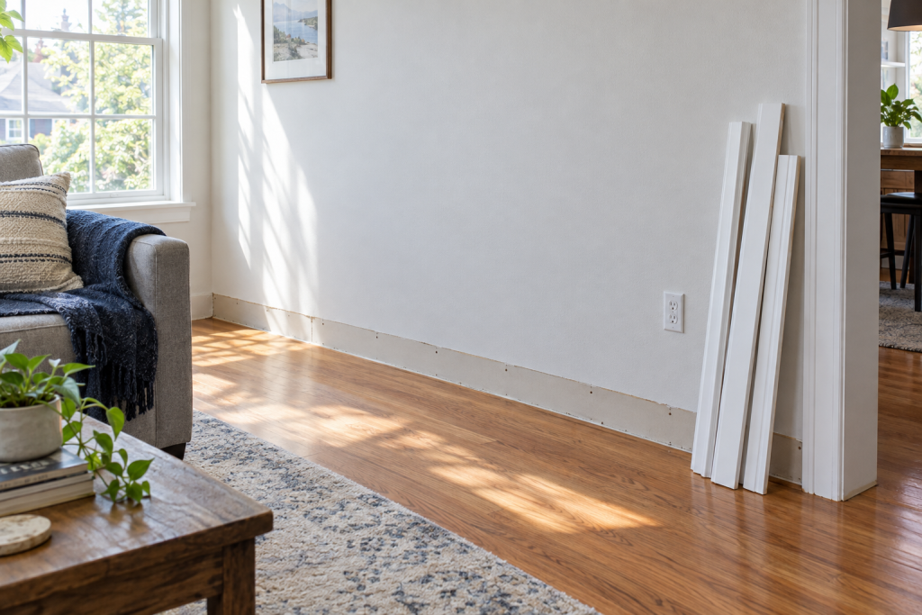 Baseboards cleanly removed from a bright living room wall with no drywall damage