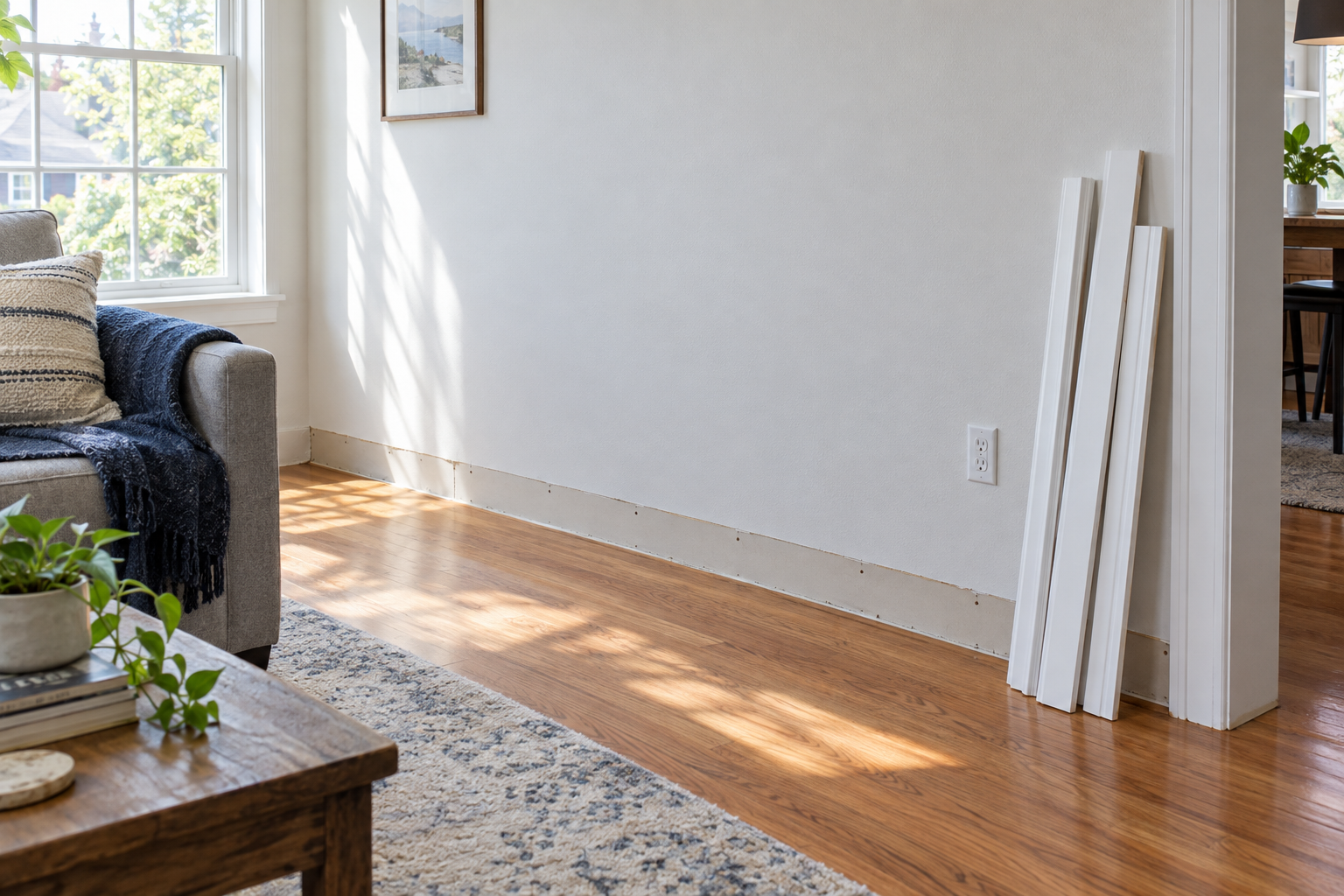 Baseboards cleanly removed from a bright living room wall with no drywall damage