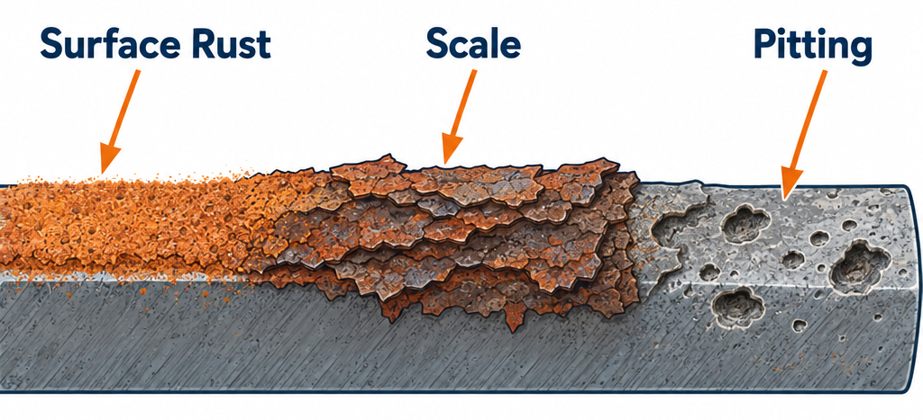 Rust depth diagram showing surface rust, scale, and pitting on metal with labels