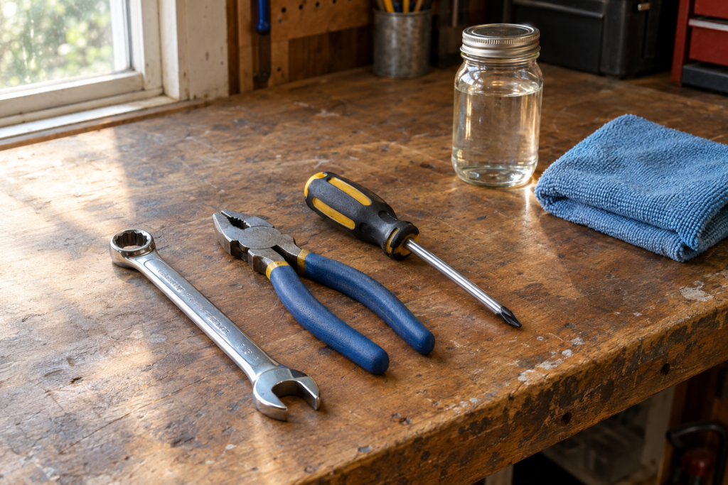 Assortment of cleaned rust-free hand tools on a garage workbench after rust removal