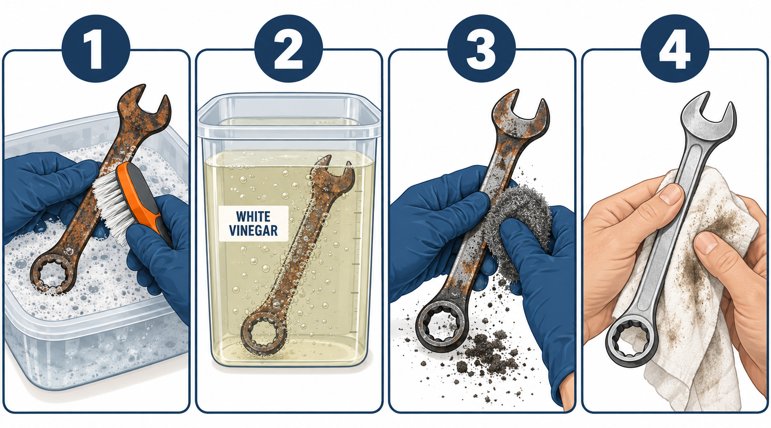 Removing rust from metal in four steps: degreasing, soaking, scrubbing, and oiling