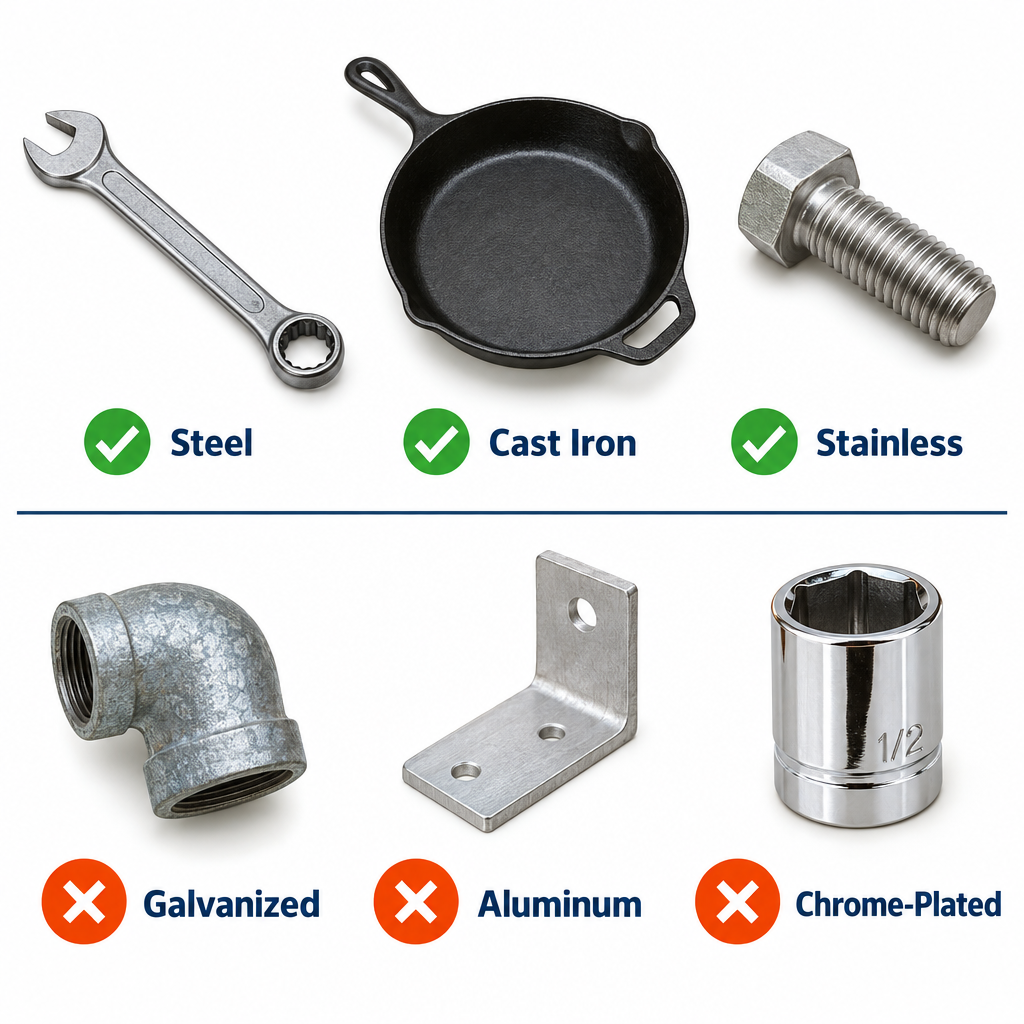 Labelled diagram showing which metals are safe or unsafe to soak in white vinegar