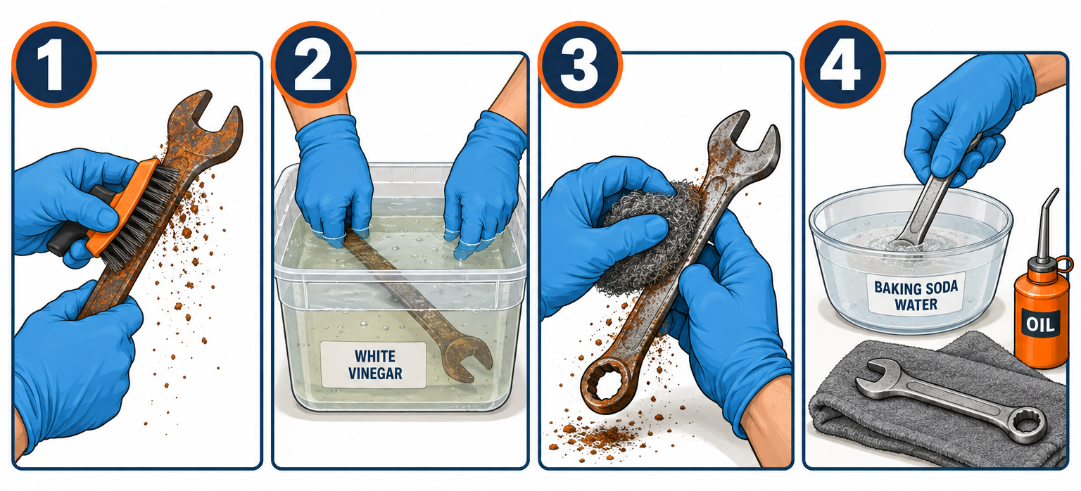 Removing rust with white vinegar in four steps: scrub, soak, scrub again, neutralize and oil