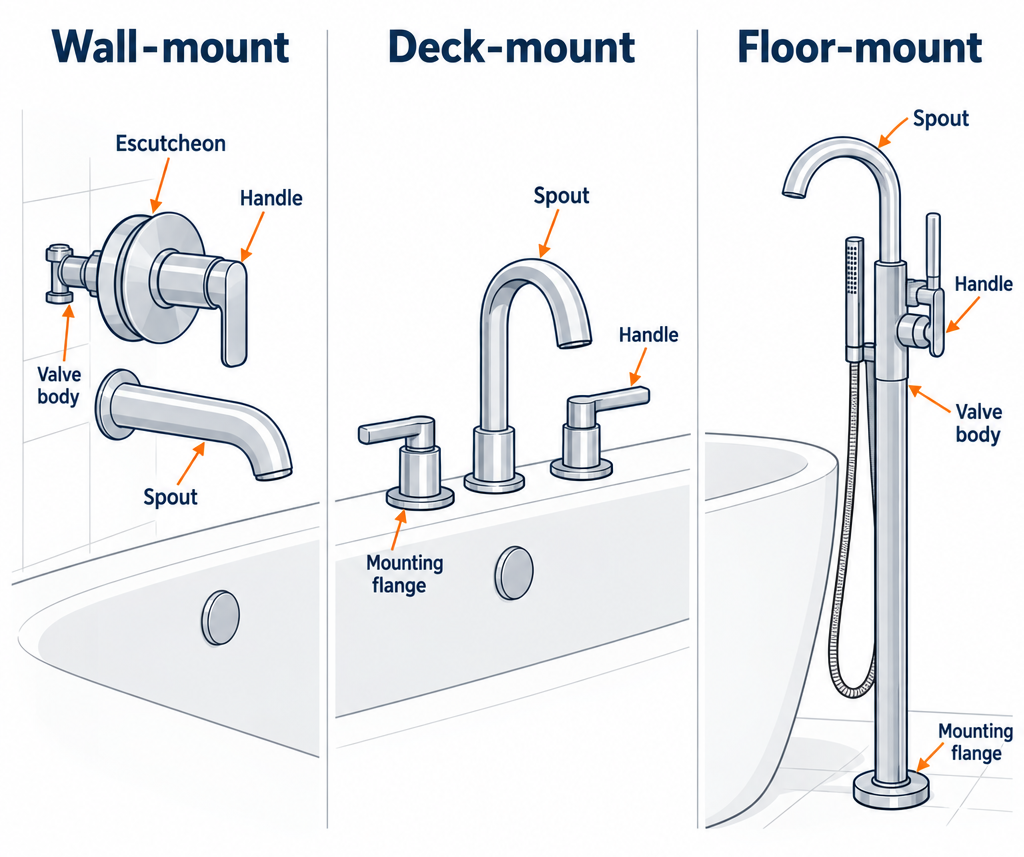 Labelled diagram comparing wall-mount, deck-mount and freestanding bathtub faucet types