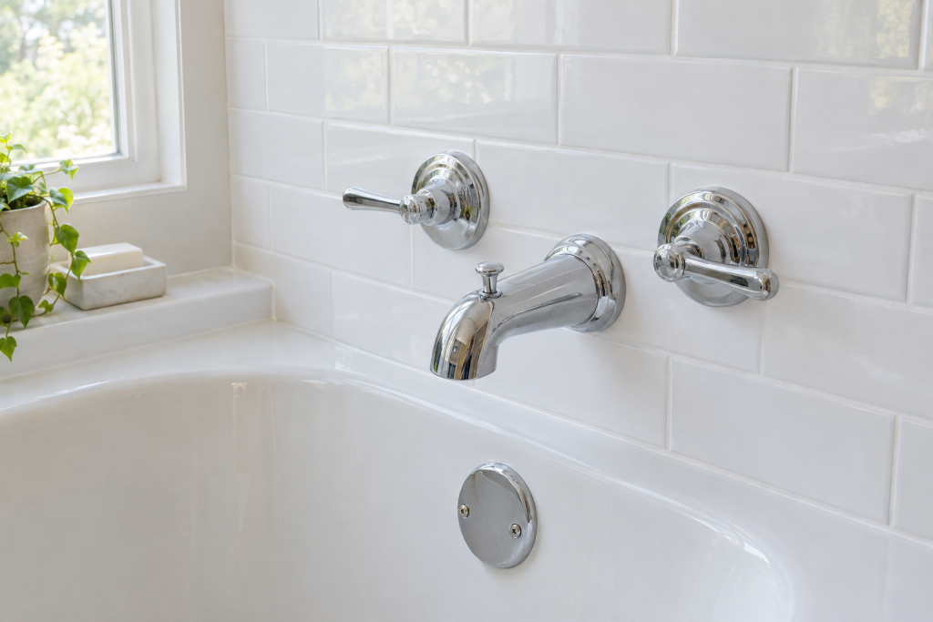 Newly replaced chrome bathtub faucet and handles on a white tiled tub surround in a bright bathroom