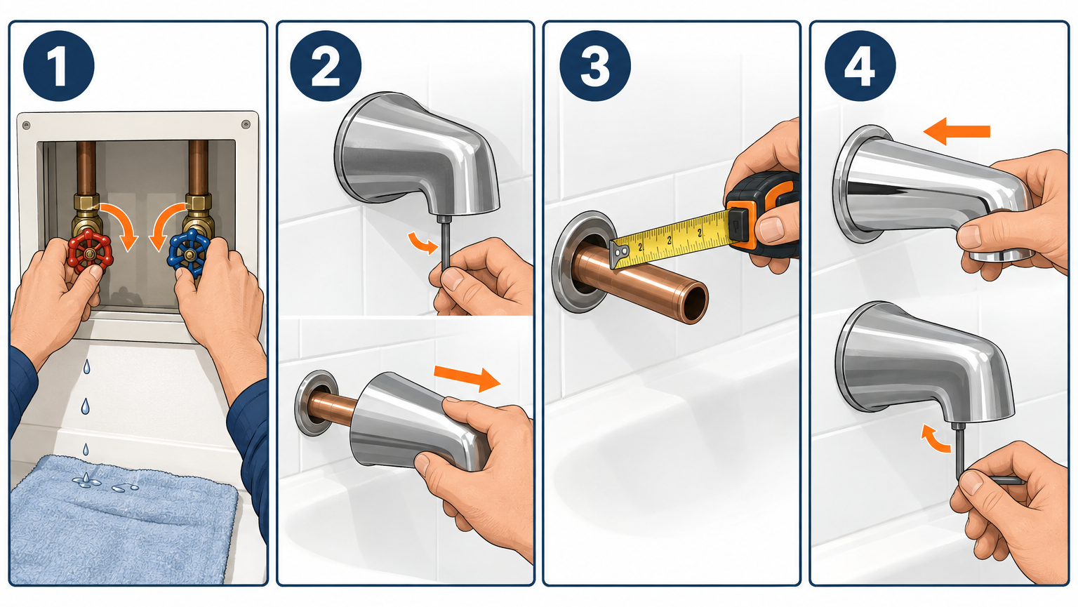 Replacing a bathtub faucet spout in four steps: shut off water, remove old spout, measure pipe, install new spout