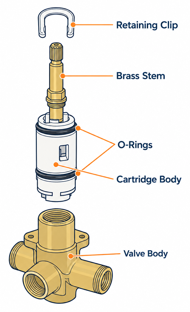 Labelled diagram of shower cartridge parts including stem, O-rings, retaining clip, cartridge body, and valve body