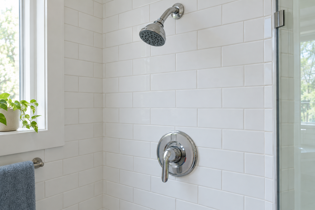 Newly replaced shower cartridge with handle reassembled in a clean tiled bathroom