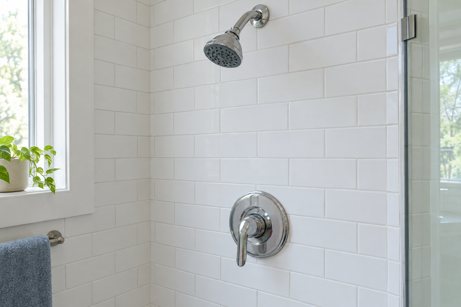 Newly replaced shower cartridge with handle reassembled in a clean tiled bathroom