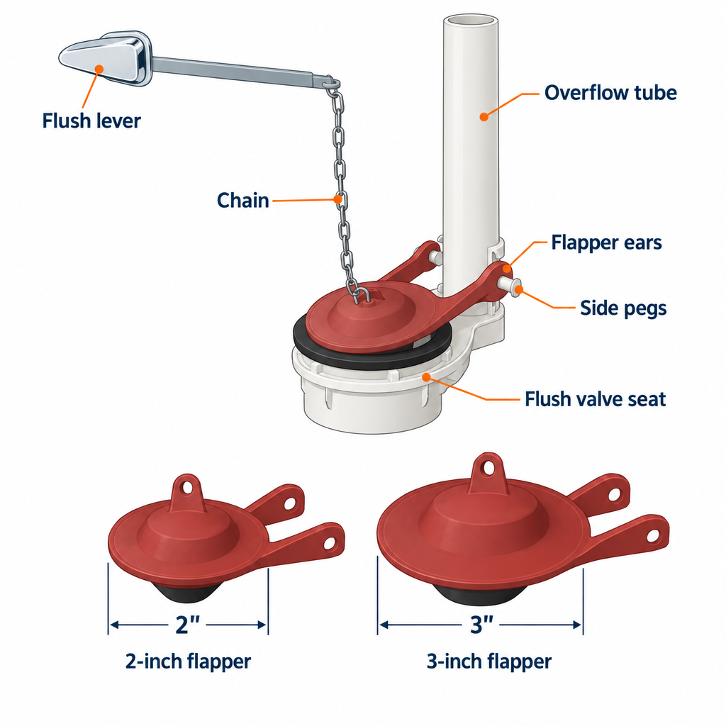 Toilet flapper parts diagram showing flush valve seat, overflow tube pegs, flapper ears, chain and flush lever