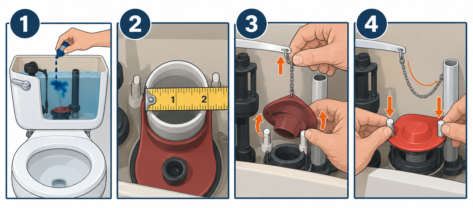 Replacing a toilet flapper in four steps: dye test, measure valve, remove old flapper, install new flapper