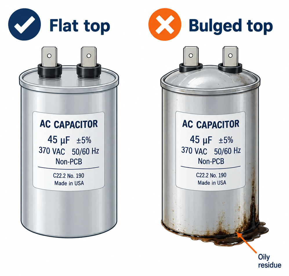 Good vs bad AC capacitor: flat top compared to bulging domed top with oily residue