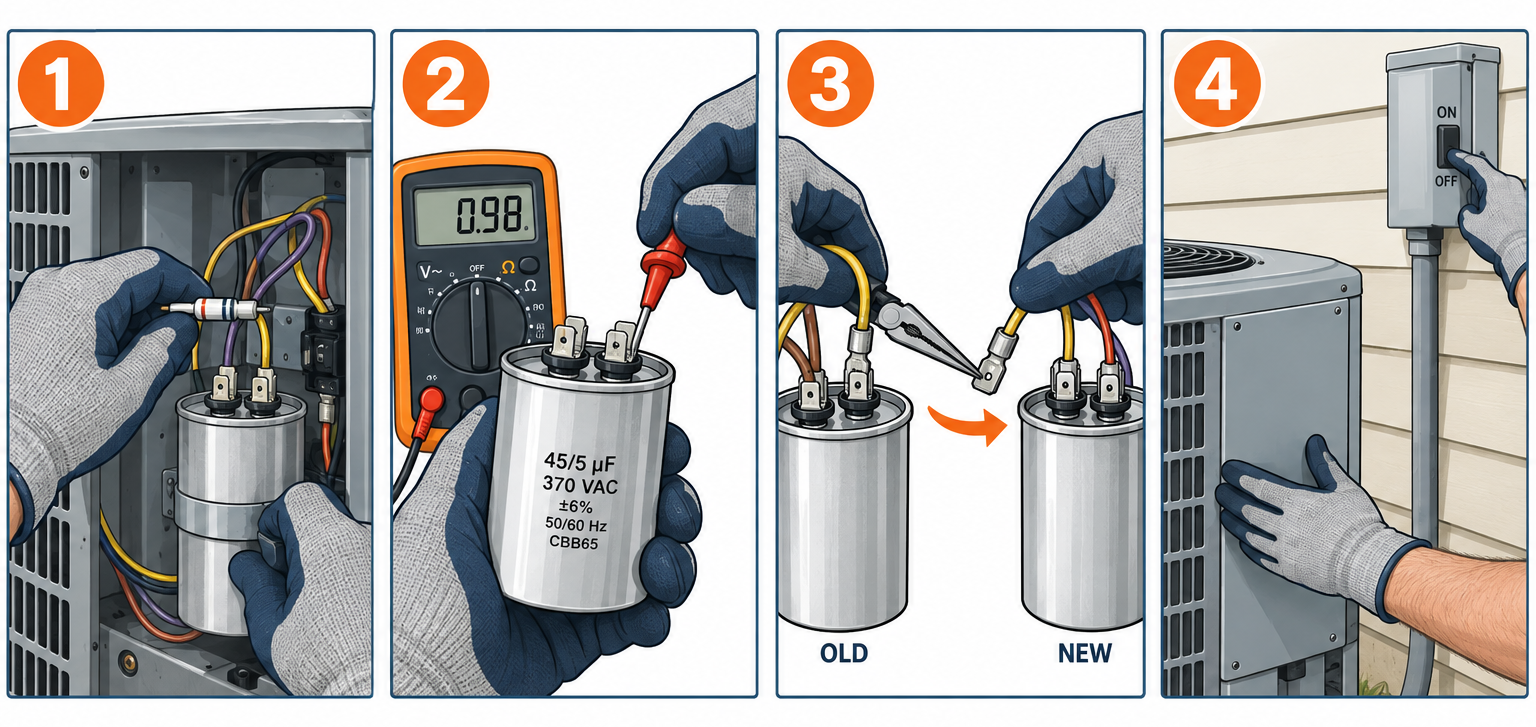 Replacing an AC capacitor in four steps: discharge, read label, swap wires, restore power
