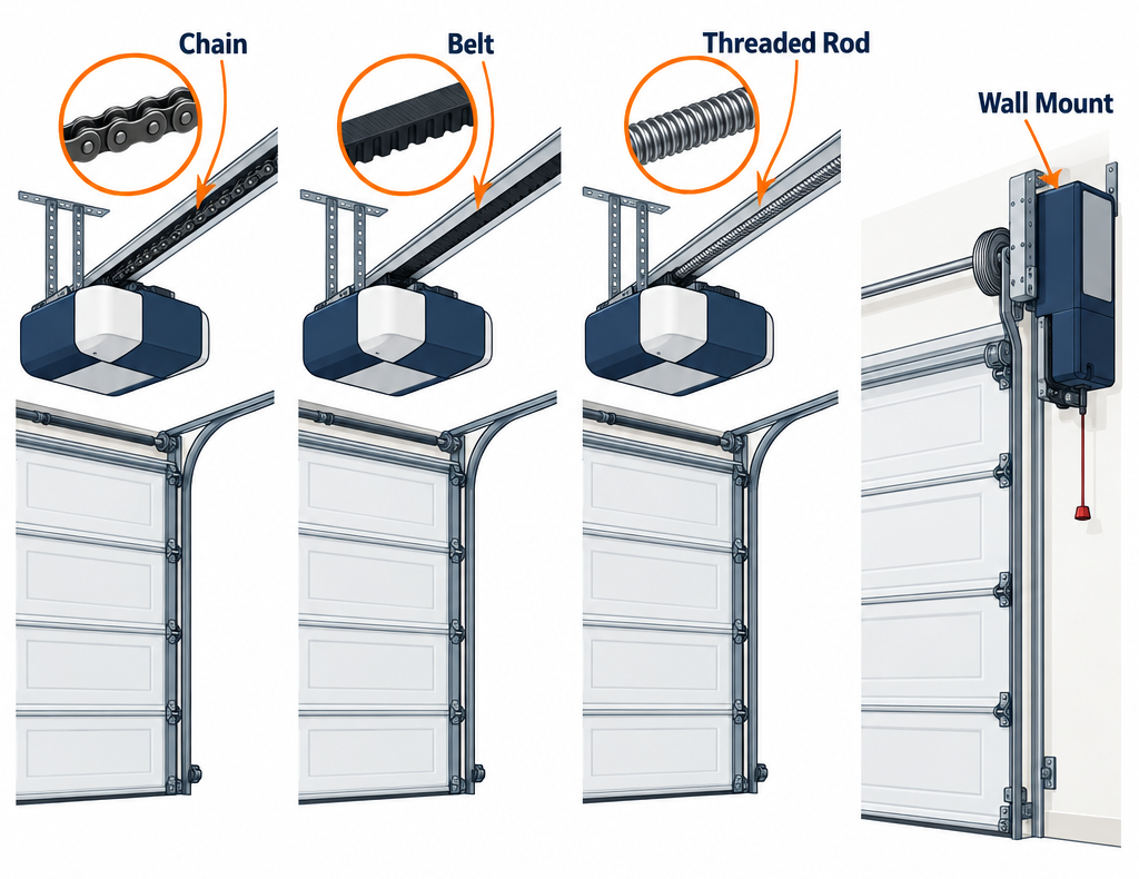 Labelled diagram comparing chain drive, belt drive, screw drive and jackshaft garage door opener types