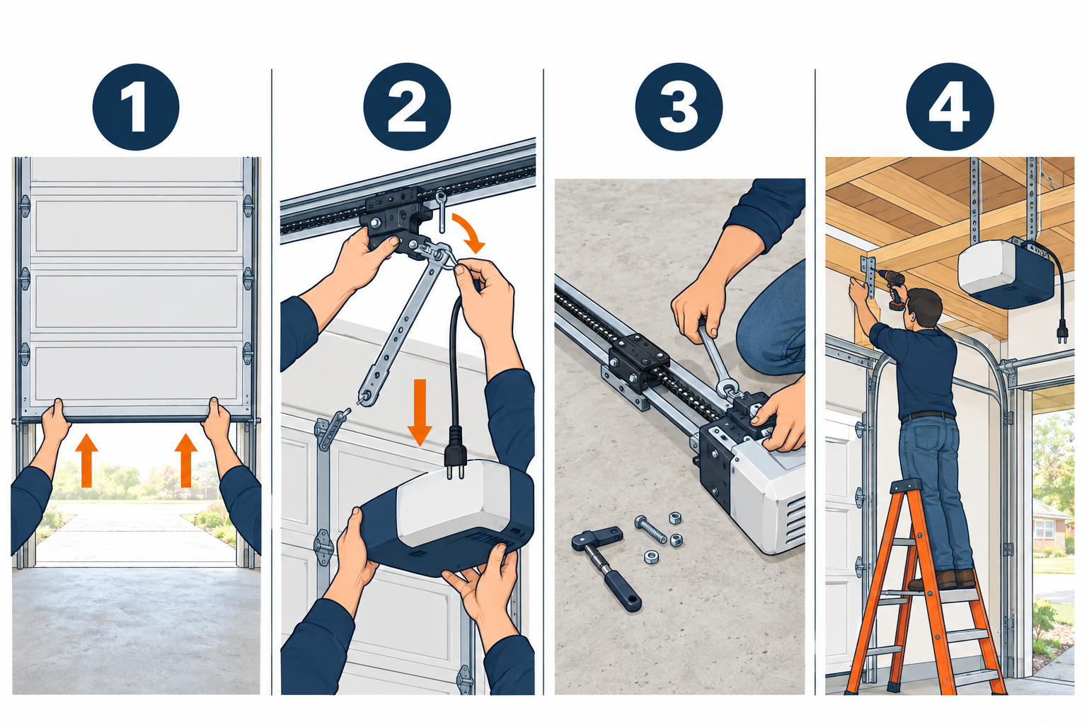 Replacing a garage door opener in four steps: balance test, remove old unit, assemble new rail and motor, mount header bracket and hang motor