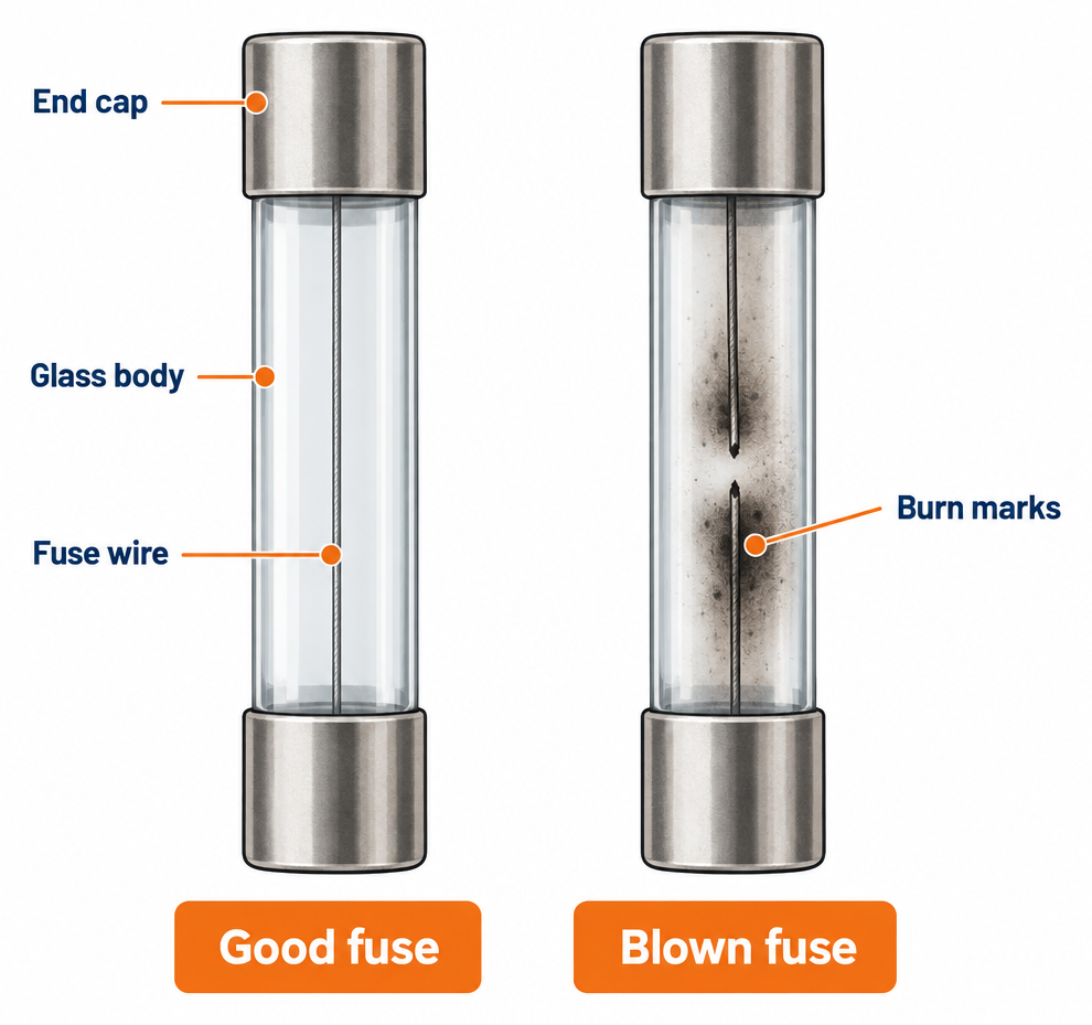 Good fuse versus blown fuse comparison diagram with labelled parts