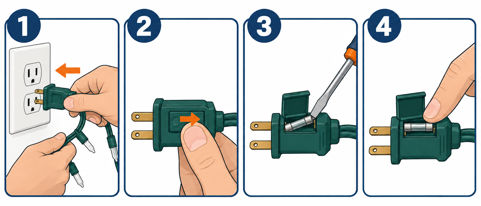 Replacing a Christmas light fuse in four steps