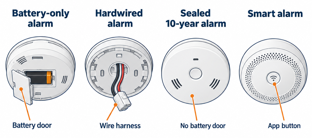 Smoke detector types diagram showing battery-only, hardwired, sealed, and smart alarms with labelled parts
