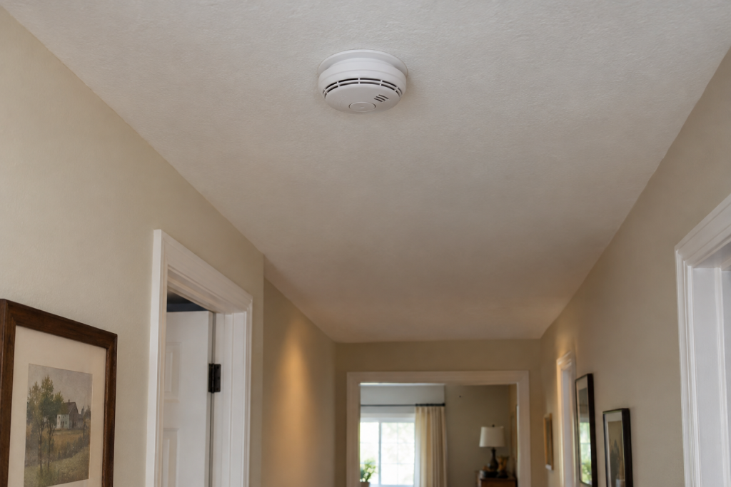 White smoke detector mounted on a residential ceiling in a bright hallway