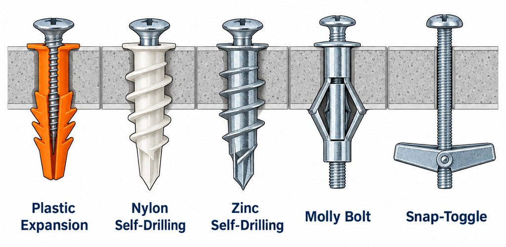 Labelled diagram of five common drywall anchor types side by side
