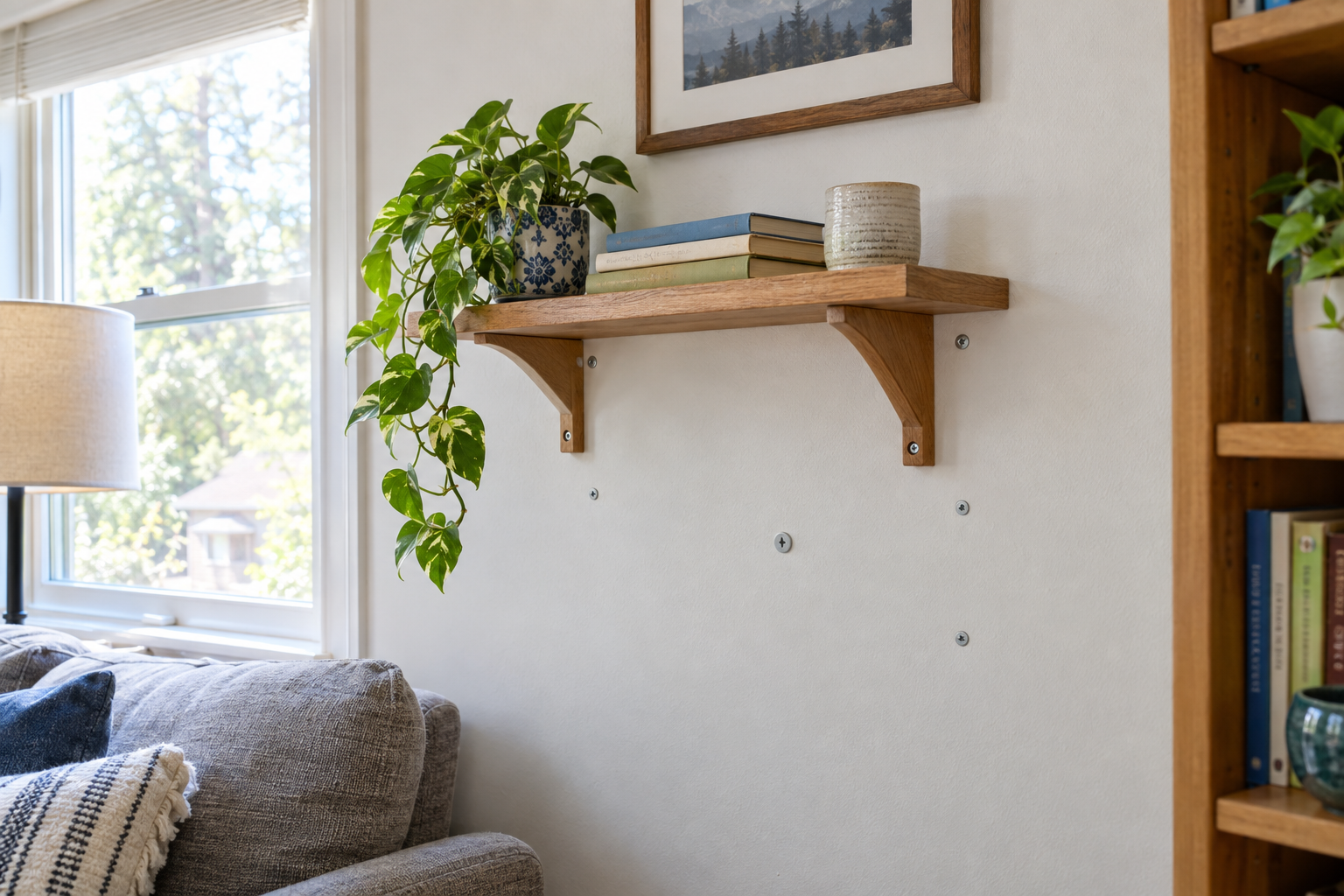 Assorted drywall anchors and screws installed cleanly in a painted white wall in a bright living room