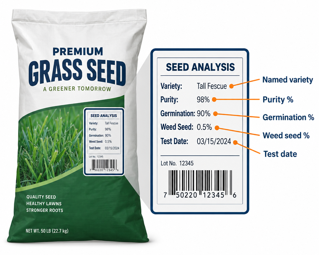 Grass seed bag label diagram showing key sections: named variety, purity percentage, germination rate, weed seed percentage, and test date