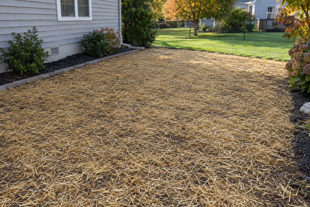 Freshly seeded lawn with light straw mulch in a suburban backyard in early autumn