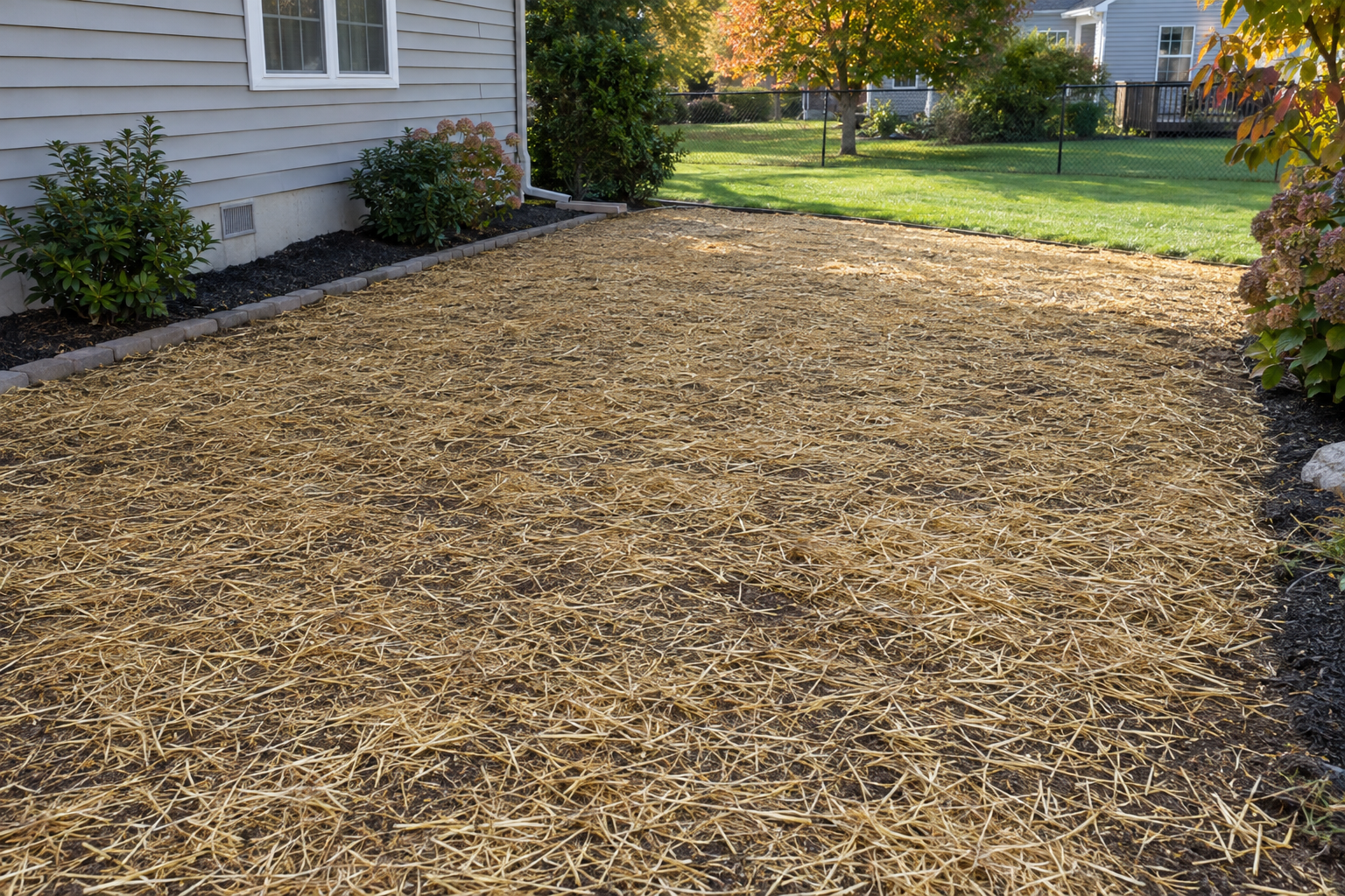 Freshly seeded lawn with light straw mulch in a suburban backyard in early autumn