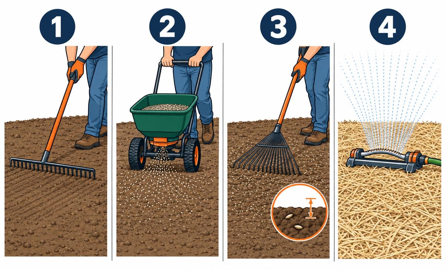 Seeding a lawn in four steps: raking soil, spreading seed with spreader, raking seed in, and watering with sprinkler